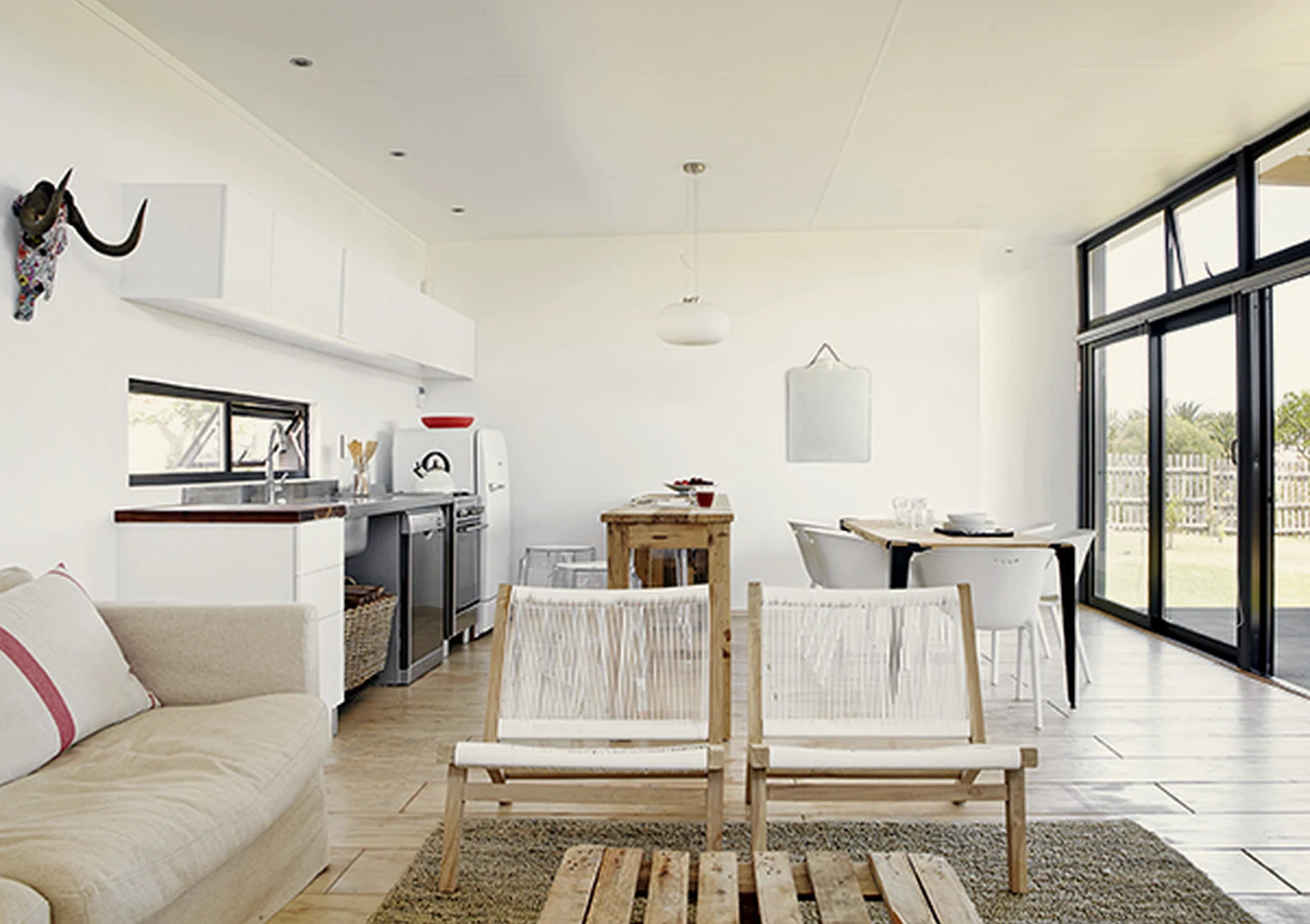Kitchen with oak island and pine floors
