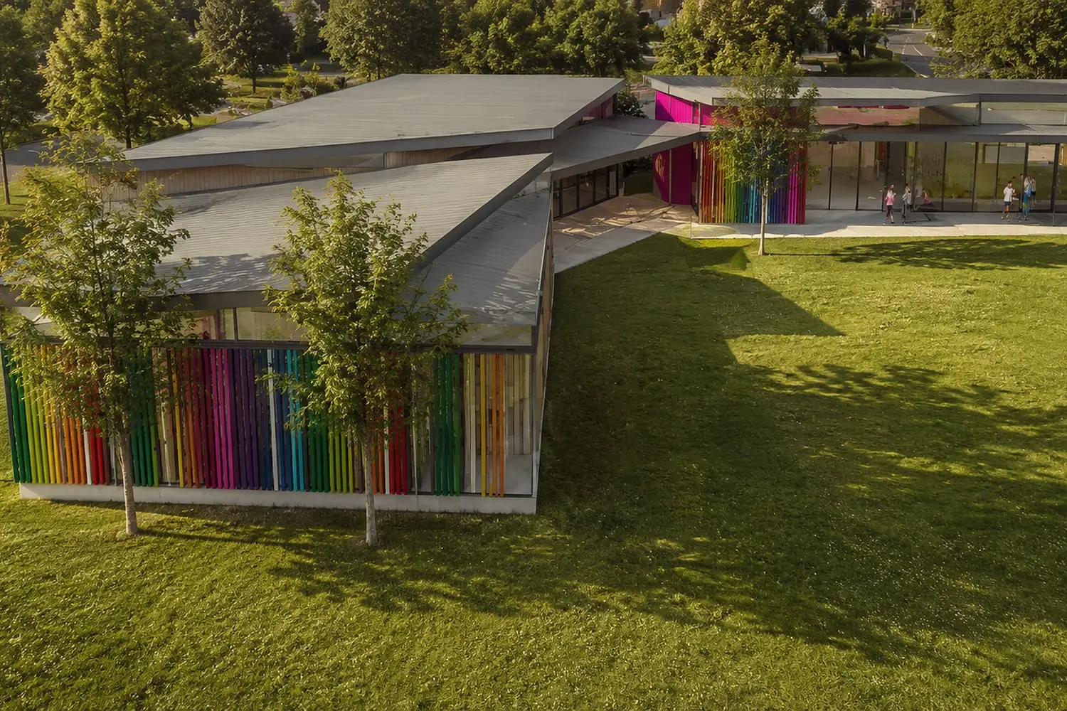 Pre Primary School · aerial detail of the coloured timber fin façade