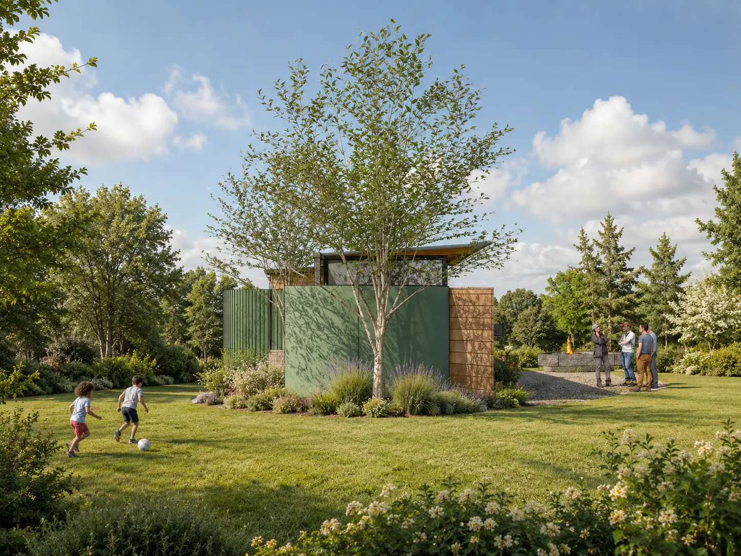 School study area and cafeteria — long elevation with lawn