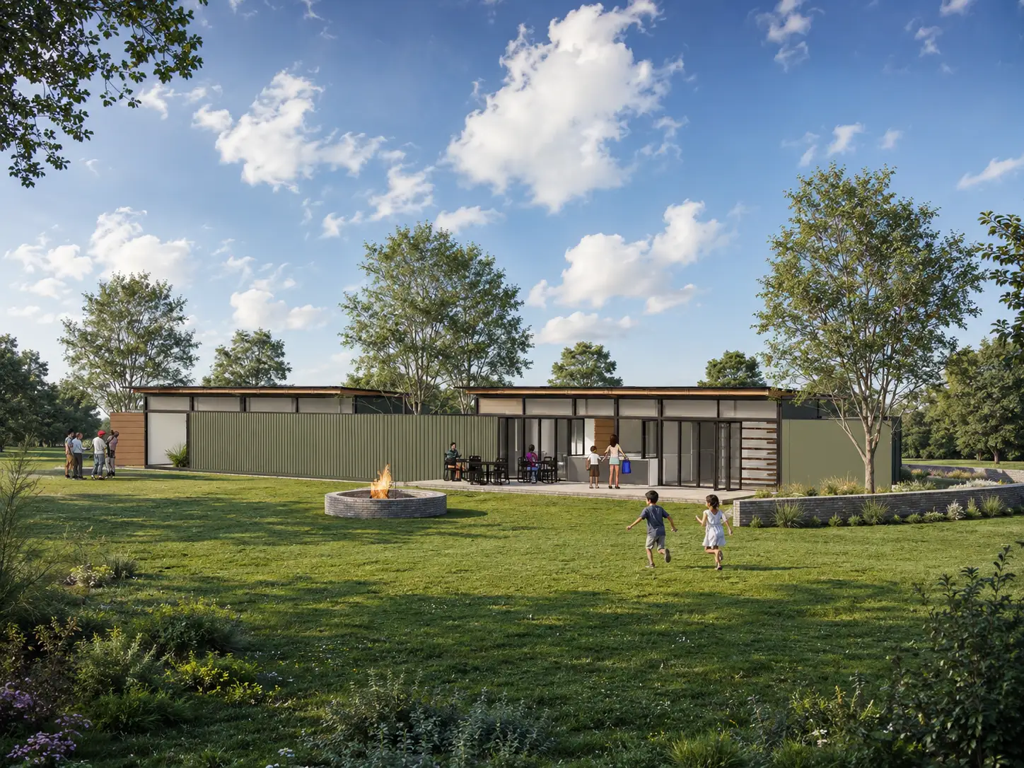 School study area and cafeteria — side elevation and trees