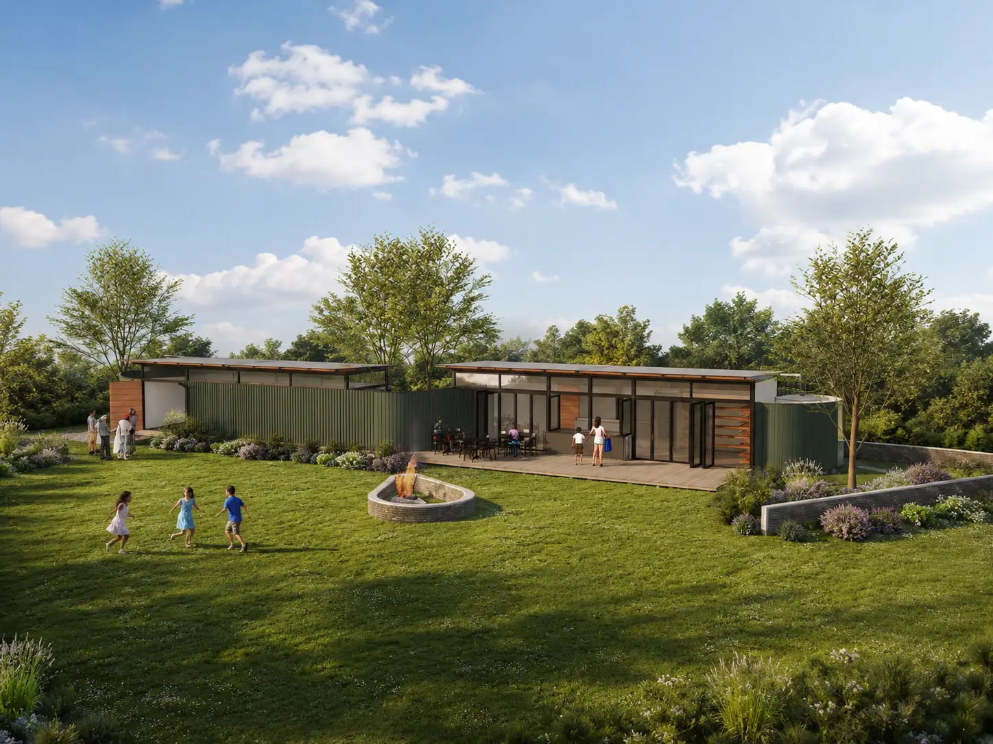 School study area and cafeteria — lawn, planting and shaded edge