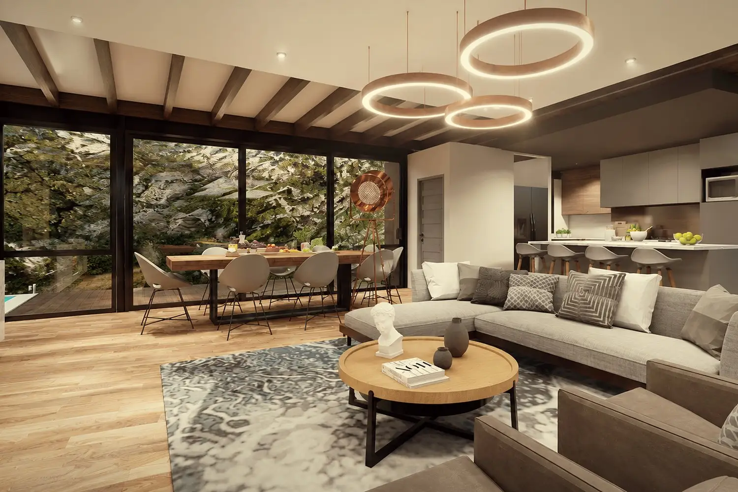 Beach House · open-plan living interior with pendants and view