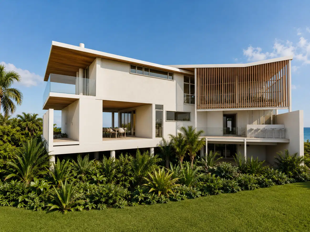 Beach House — louvred facade and garden