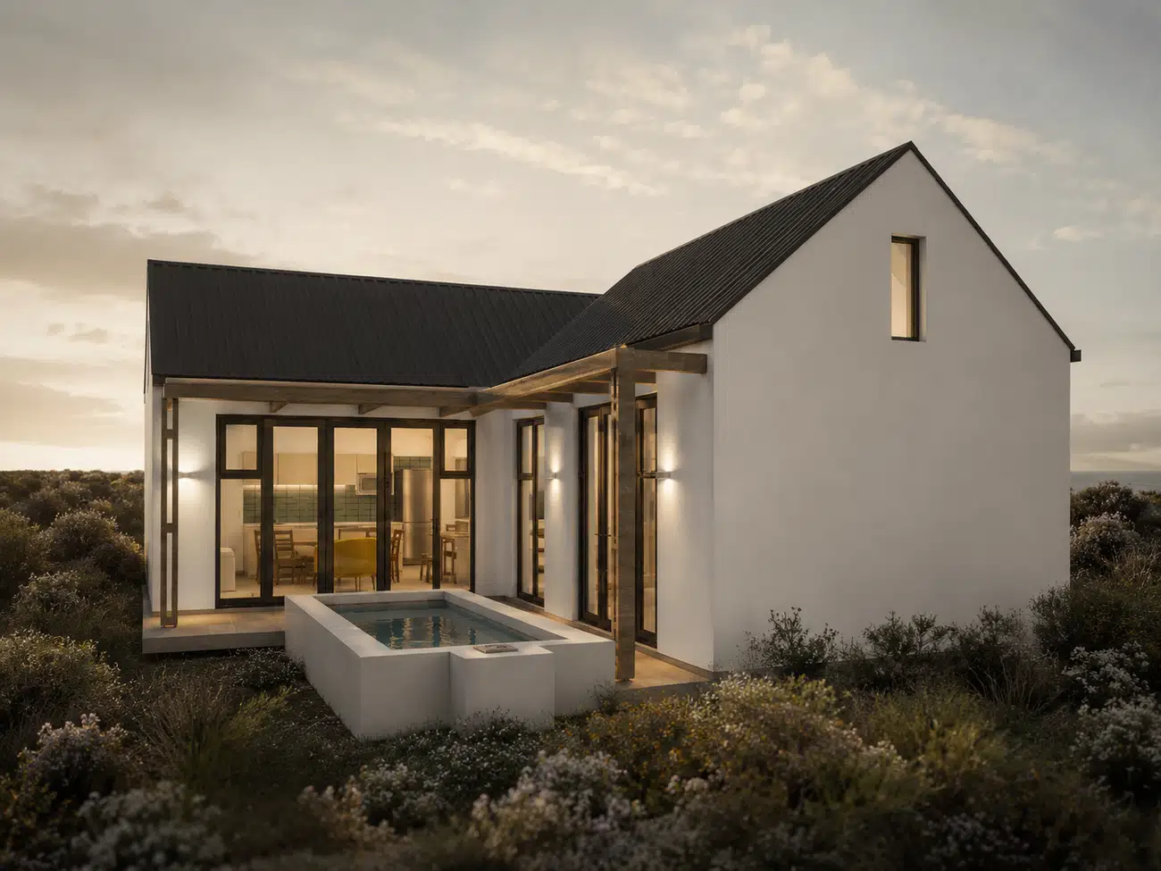 Guest Cottage — rendered exterior at twilight