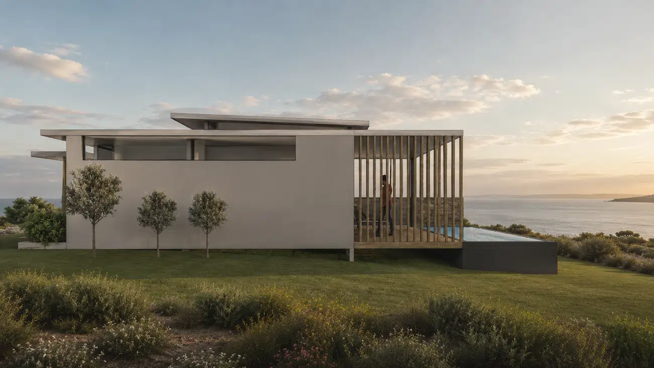 Beach House — rendered exterior with stone wall